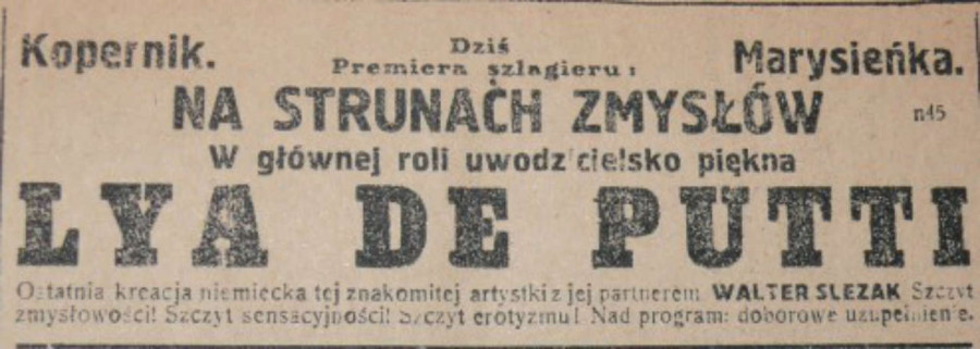 Реклама репертуару кінотеатру "Копернік" у міжвоєнній пресі