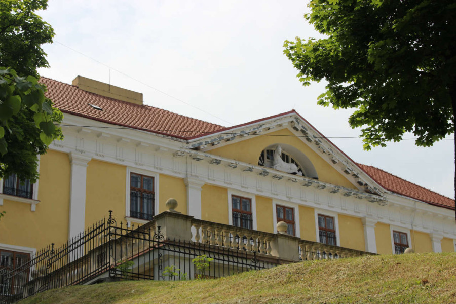 Центральний фронтон споруди Сенявських-Баворовських. Фото 2015 року