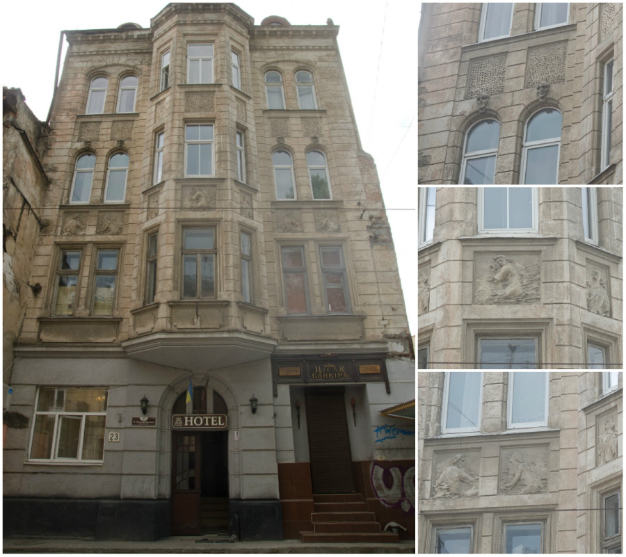 Будинок № 23 сецесійний, у стилізованих формах галицького ренесансу, збудований 1912—1916 роках за проектом Александра Остена.