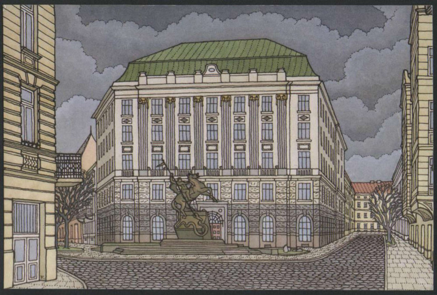 Фрагмент площі Григоренка із спорудою колишнього банку на сучасній поштівці Тетяни Казанцевої