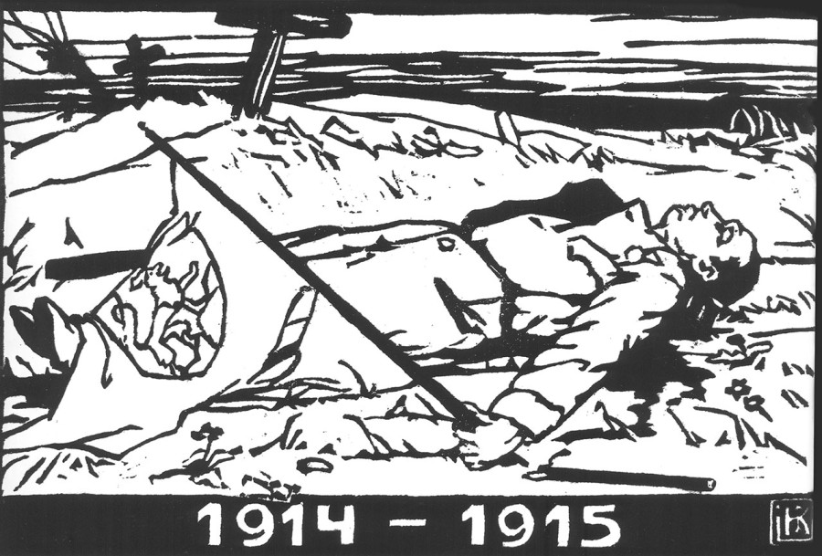 Олена Кульчицька "Полеглий стрілець", 1915 рік (із циклу "УСС 1914-1915"), папір, дереворит, 20,3Х29,4