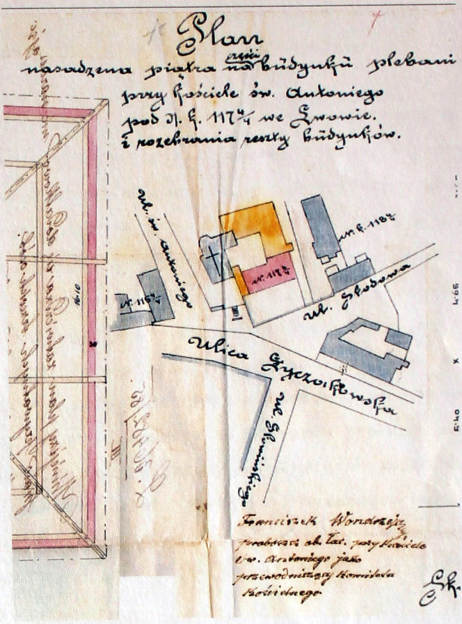 План надбудови поверху над частиною будинку плебанії з розібранням частини будівлі (Жовтим позначено розібрані будівлі), 1885 рік