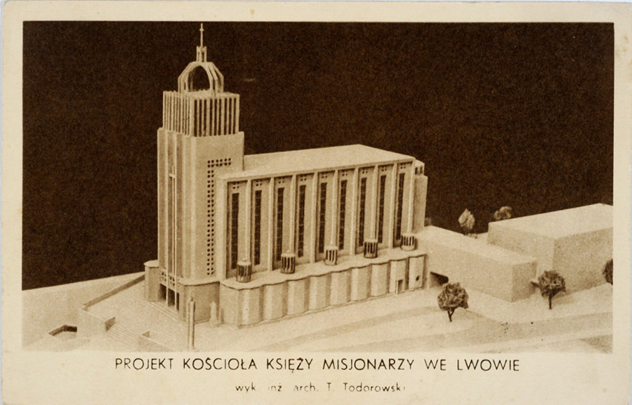Проект костелу місіонерів у Львові, вигляд з вулиці Дверницького (сучасна Свєнціцького), 1938 рік 