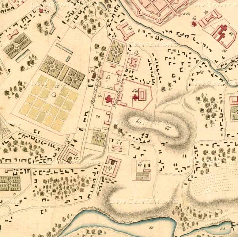 Фрагмент плану Львова 1770 року з плануванням вулиці Широкої (Коперника). Цифрами 67 та 68 позначені монастир Домініканок та Шпиталь Св. Лазаря, які частково збереглись до наших днів.