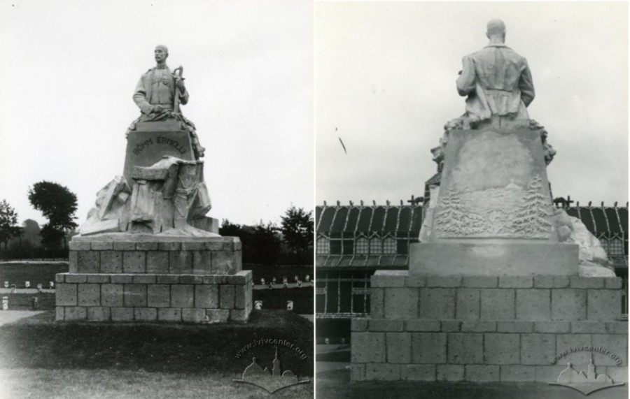 Пам'ятник Едуарду Бьом-Ермоллі на Військовій виставці у Стрийському парку. Фото 1916-1918 рр.