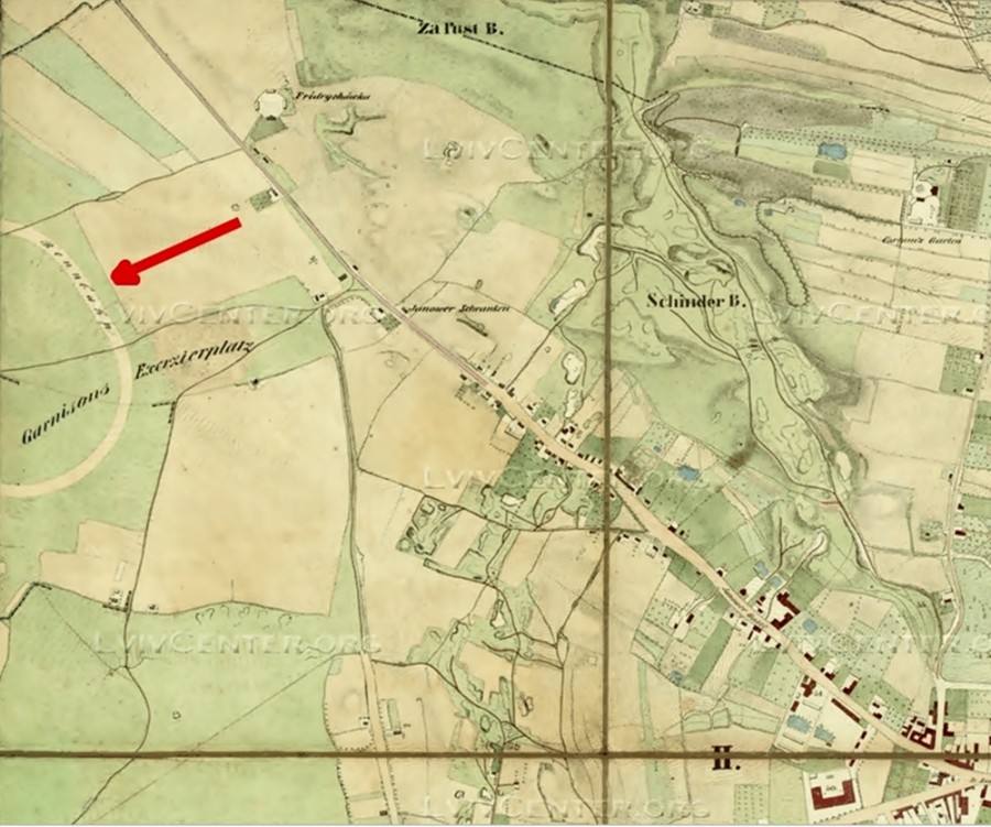 План міста Львова 1844 року. Стрілкою вказано на іподром.