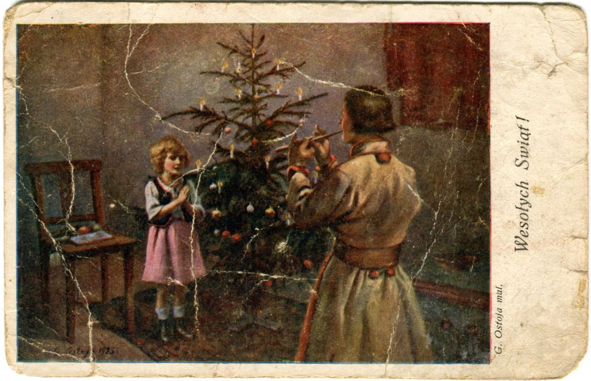 Листівка з зображенням ялинки з іграшками і текстом "Веселих Свят", 1930 рік