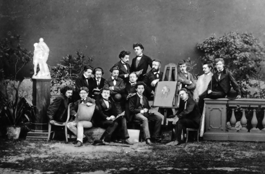 Групове фото студентів Краківської академії красних мистецтв з професором Владиславом Лущкевичем. Вгорі Тадеуш Рибковський (1870-1875)