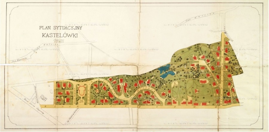 Проект плану забудови Кастелівки з позначенням на ньому усіх 64 вілл, які планувалося тут звести. Проект 1889 року