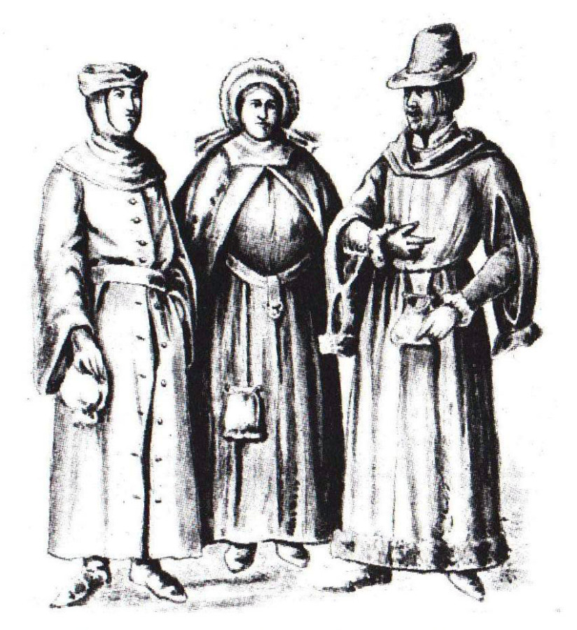 Мешканці середньовічного Львова. Рисунок Ф. Ковалишина для книги Ф. Яворського "Львів за Ягайла", 1910 рік.