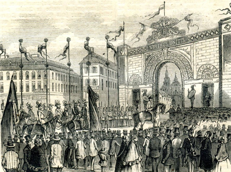 Вигляд площі Фердинанда (Міцкевича) під час візиту імператора Франца Йосифа 1851 року. Літографія невідомого авторства