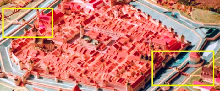 Єзуїтська брамка на пластичній панорамі міста зліва (джерело фото https://uk.wikipedia.org/wiki/%D0%9C%D1%96%D1%81%D1%8C%D0%BA%D1%96_%D1%85%D0%B2%D1%96%D1%80%D1%82%D0%BA%D0%B8_%D0%9B%D1%8C%D0%B2%D0%BE%D0%B2%D0%B0)