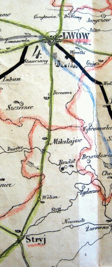 Фрагмент карти доріг у Львівському адміністративному окрузі 1856 р.