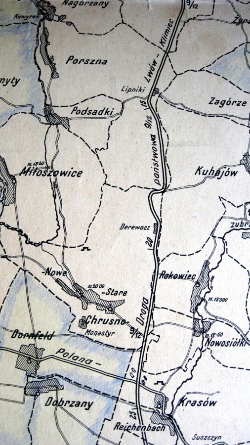 Фрагмент карти Львівського повіту на відрізку дороги Львів-Клімець 