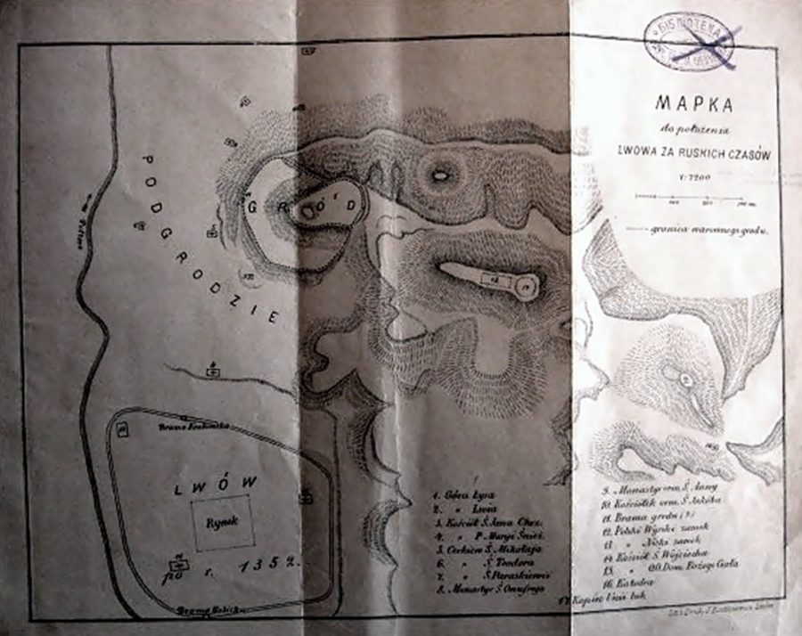 Львів на карті(шкіц) від 1352 р.(костел Марії Сніжної на карті під №4)
