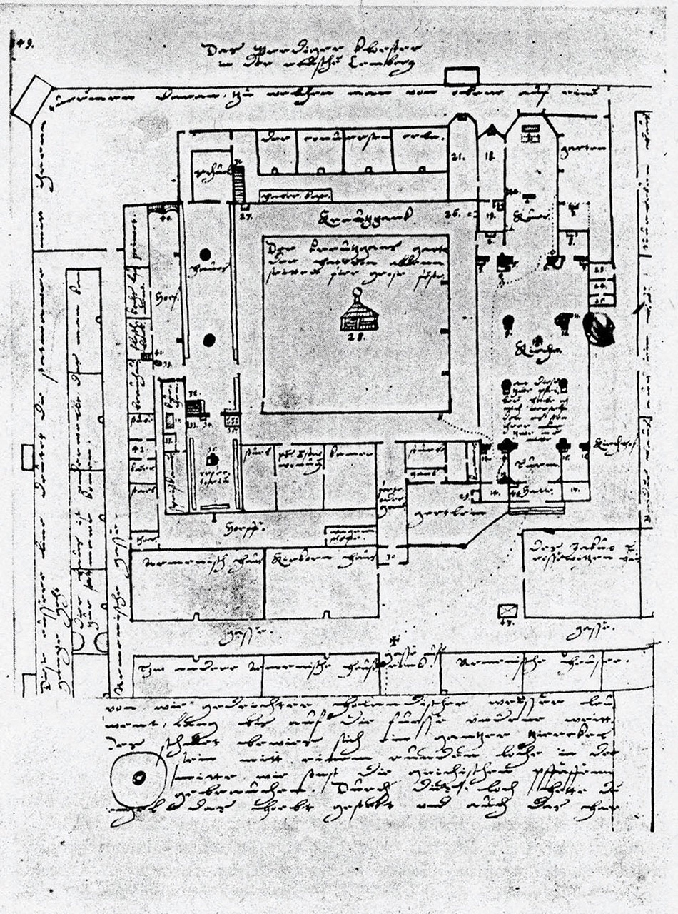 Сторінка рукопису Мартина Ґруневеґа. План домініканського монастиря з поясненнями http://prostir.museum/