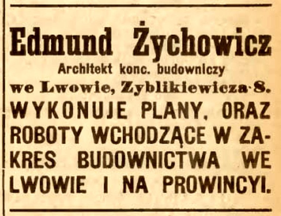 Рекламне оголошення проектно-будівельного підприємства Жиховича у «Gazeta Lwowska», 1920 рік