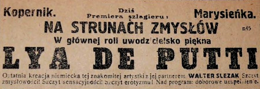 Рекламне оголошення кінотеатрів «Коперник» та «Марисенька», газета «Słowo Polskie»