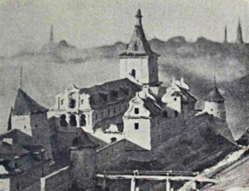 Фрагмент босяцьких валів – зліва: висока стіна із Вежею мулярів, ливарна майстерня (Людвисарня) між стінами, Стіна низька, Королівський Арсенал, в глибині можемо побачити вежу Лимарів. Джерело: Panorama plastyczna dawnego Lwowa, 1938.