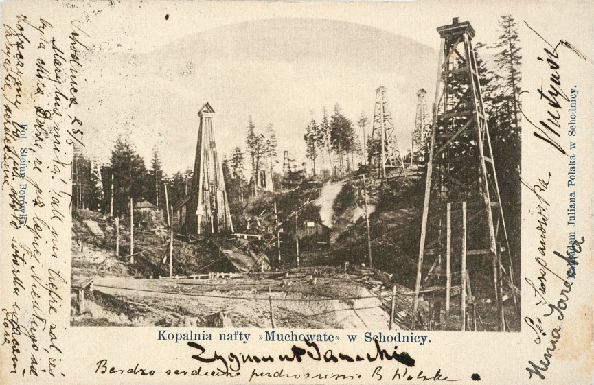 Нафтові вишки в Східниці. Поштівка 1903 року