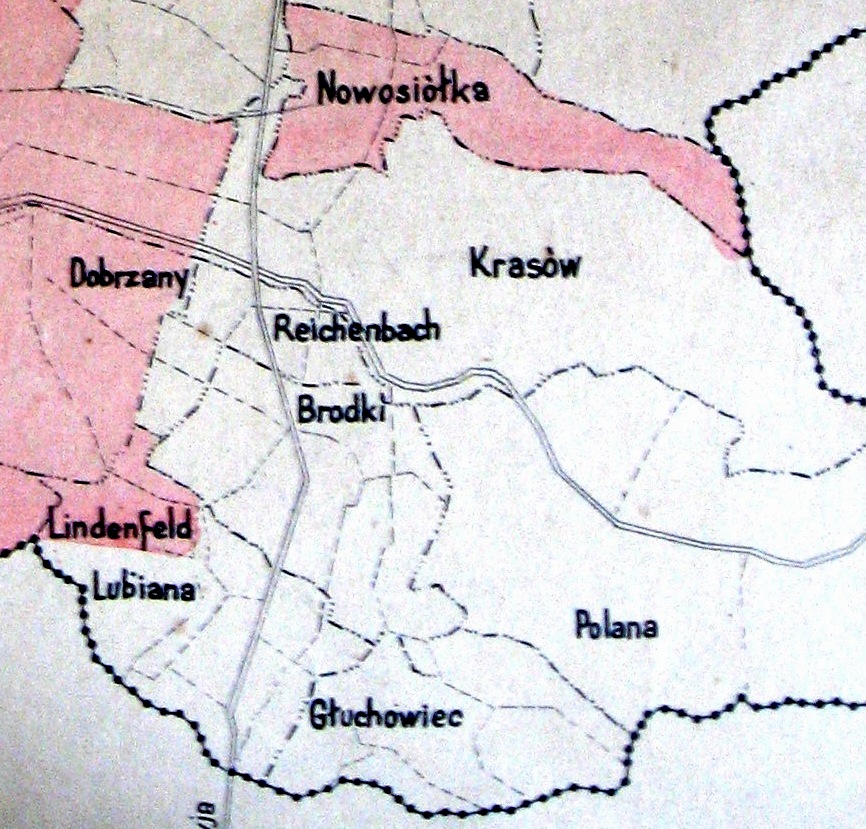 Фрагмент карти мисливських товариств Львівського повіту. Мисливське товариство до якого належить Райхенбах (сірий колір) зареєстроване згідно положення від 3 грудня 1927 року