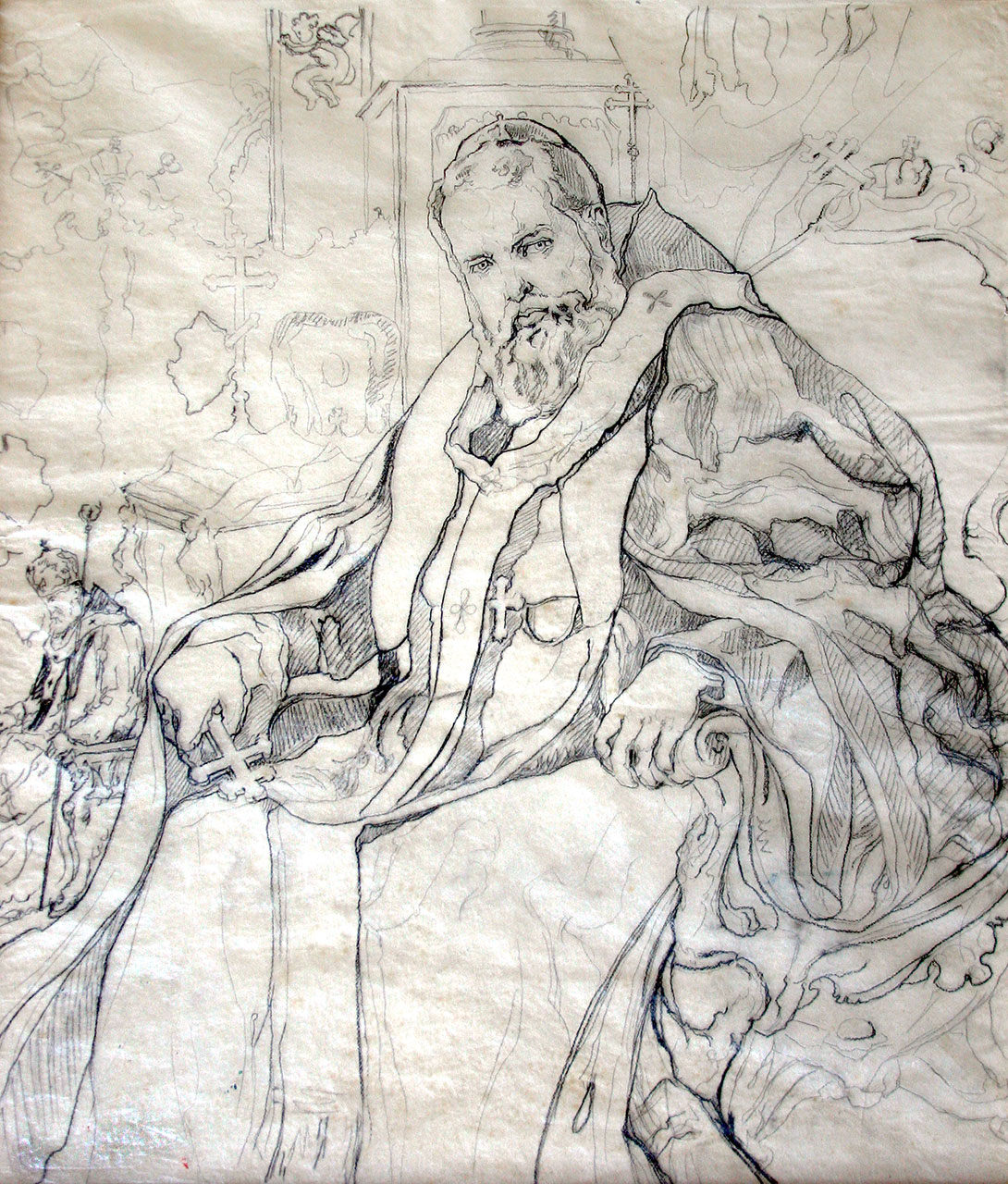 Олекса Новаківський. Портрет митрополита Андрея Шептицького «Князь Церкви». 1915 р. Калька, олівець.