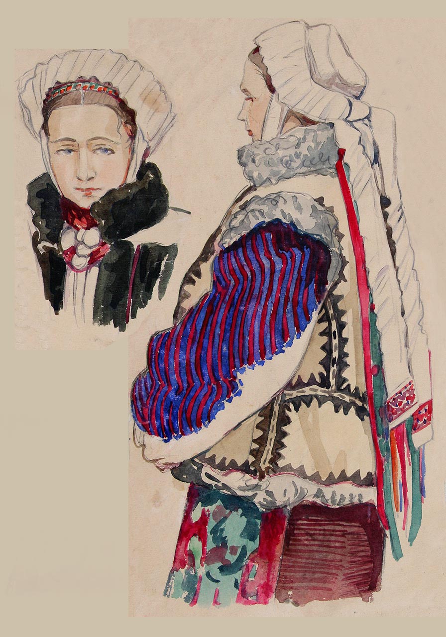 Олена Кульчицька. Святковий одяг жінки. с. Вербовець, Косівський р-н, Іван-Франківська обл. 1931р. Папір, акварель.
