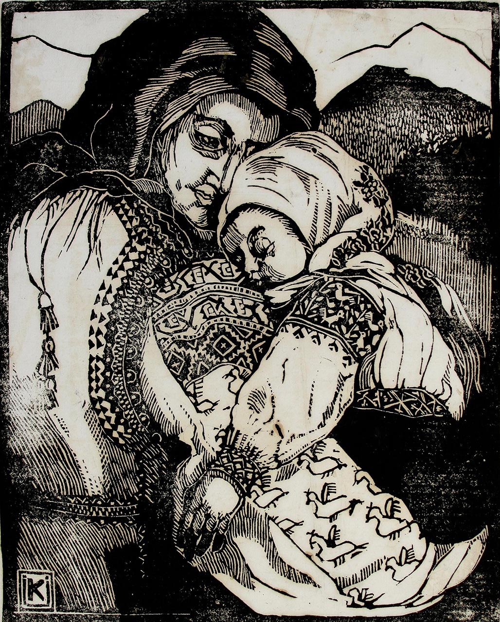 Олена Кульчицька. Гуцульська Мати. Із циклу "Гуцульщина". 1935р. Папір, лінорит.