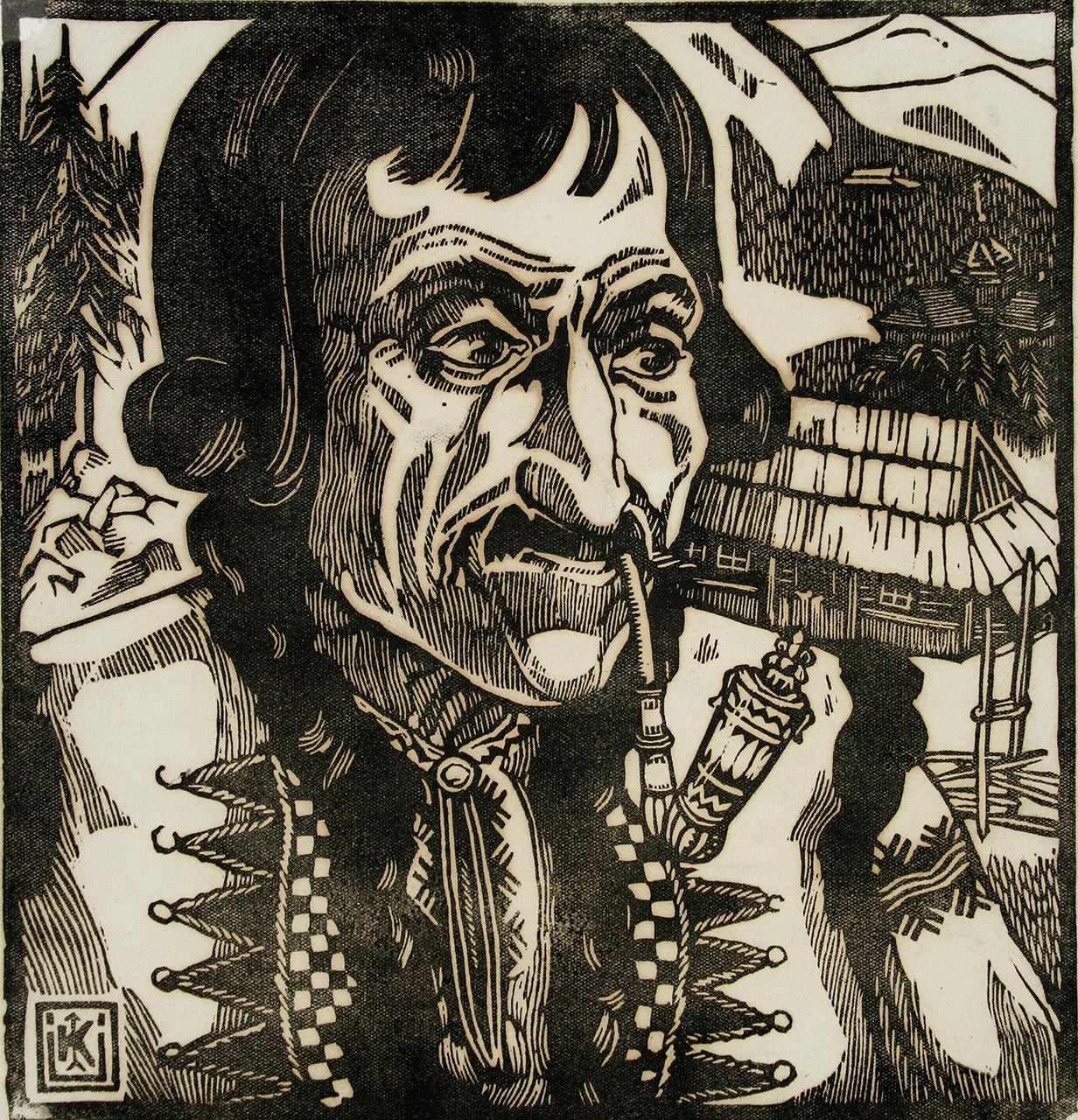 Олена Кульчицька. Гуцул-газда. Із циклу "Гуцульщина. 1935р. Папір, лінорит.