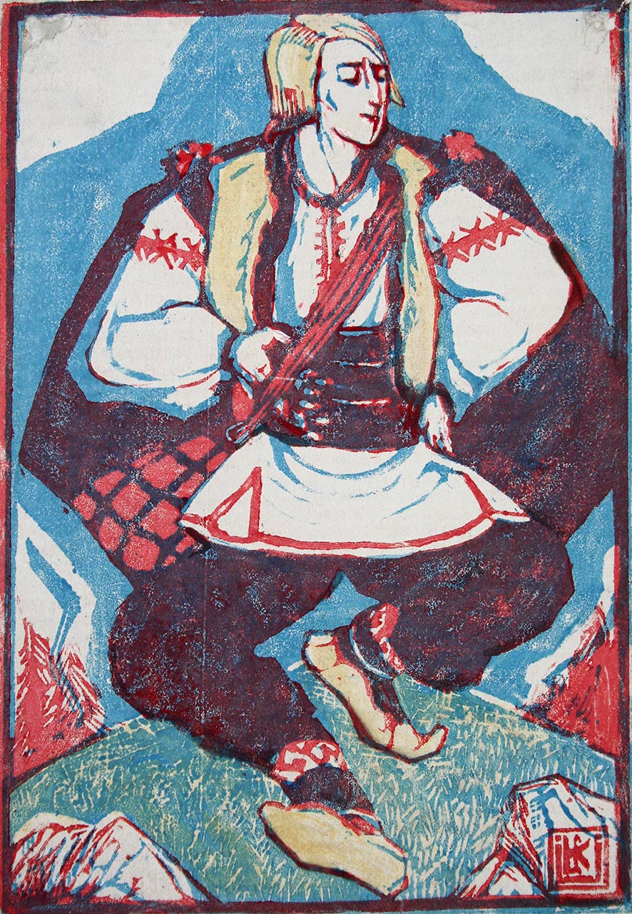 Олена Кульчицька. Гуцул, що танцює. 1935р. Папір, кольоровий лінорит.