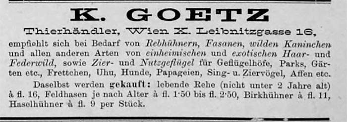 Торговець тваринами К. Гоетц з Відня пропонує різні види диких та свійських пернатих