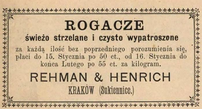 Оголошення Краківської фірми «Реман і Генріх» «Rehman & Henrich» щодо закупівлі великої партії м’яса оленя