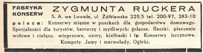 Реклама спеціальних консерв для мисливців фабрики Зигмунта Рукера (м. Львів, вул. Жовківська 225/5).