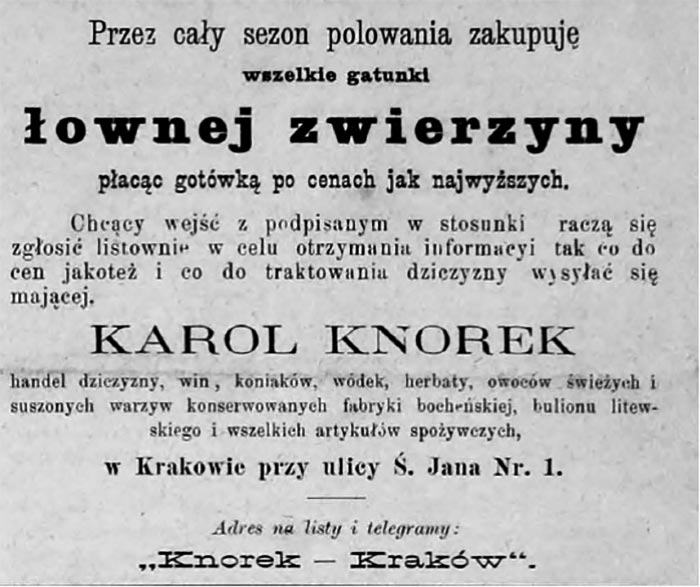 Оголошення Кароля Кнорека про закупівлю дичини (м. Краків, вул. Святого Яна, 1).