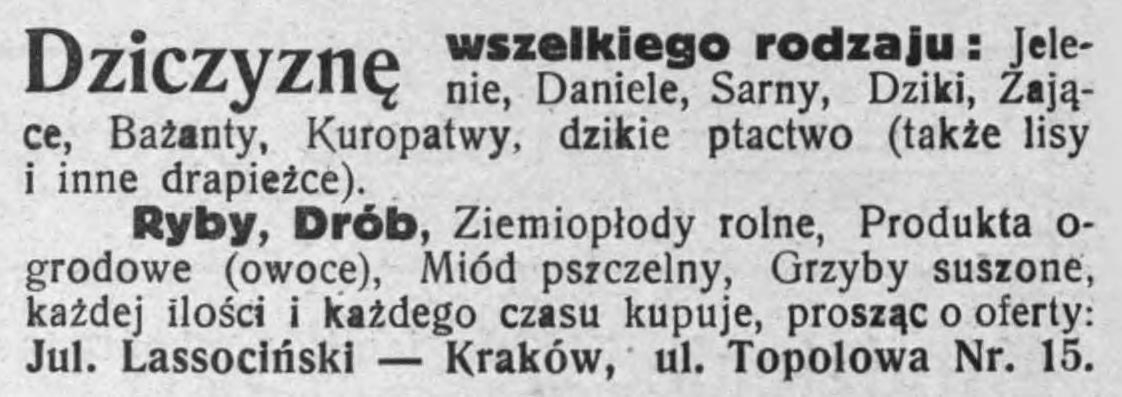 Оголошення Юлія Ласоцінського (Краків, вул.. Топольна, 15) про закупівлю різного роду дичини (оленів, козуль, кабанів, зайців, фазанів, куріпок, різного виду диких птахів, лисиць та інших хижаків).