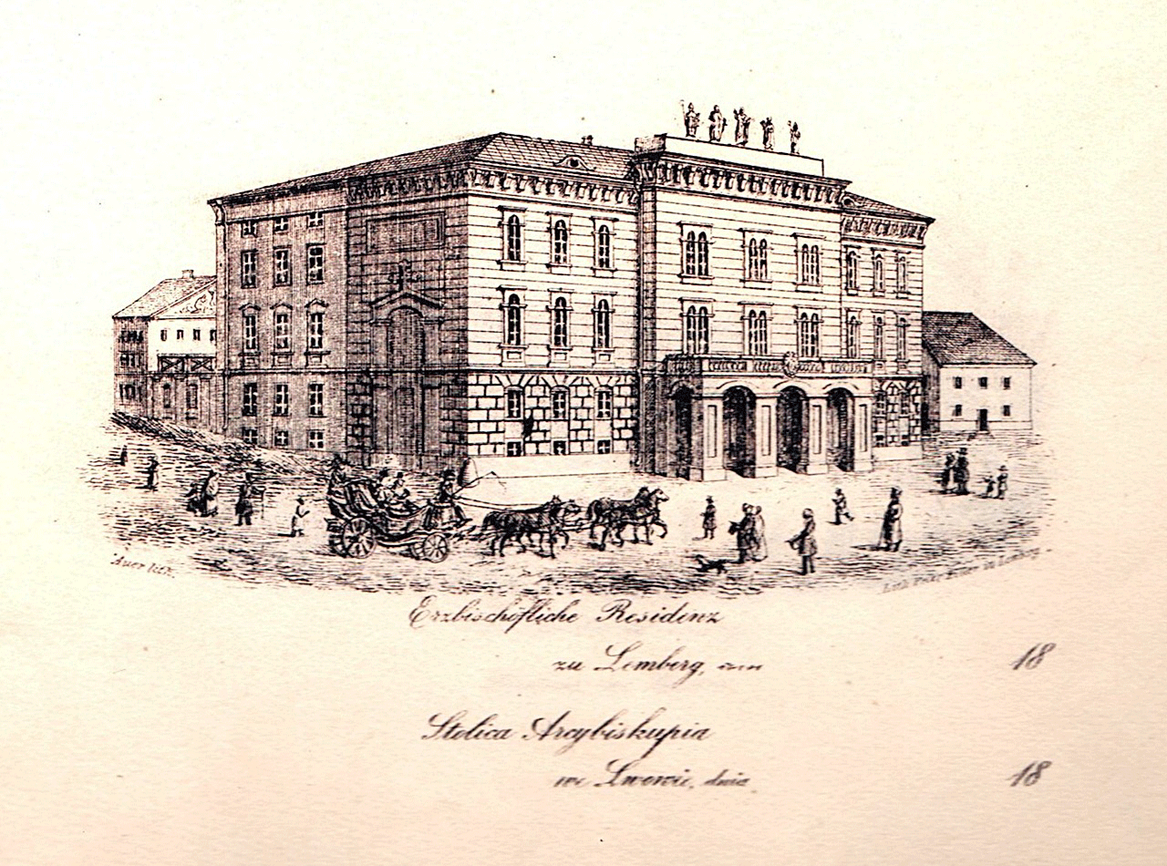 Палац львівських архієпископів. Літографія К. Ауера