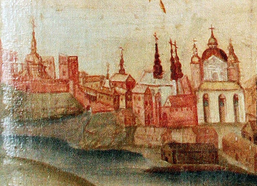 Вежа собору Івана Богослова (біля лівого краю) у замку в панорамі Луцька середини XVIII століття. Ікона зберігається у Музеї волинської ікони