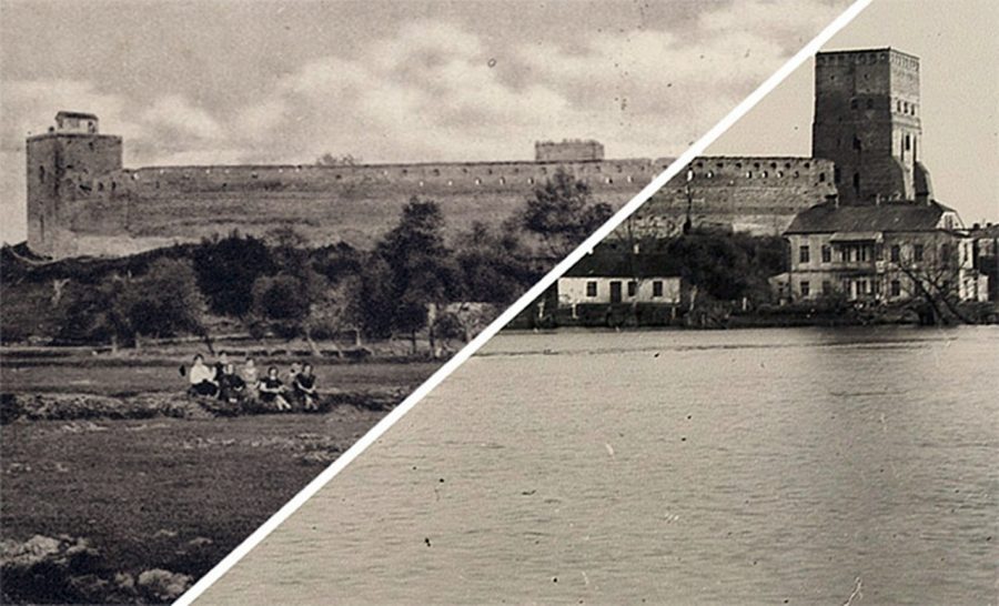 Два фото замку і річки Глушець в міжвоєнний період, зроблені з того ж місця в різний час
