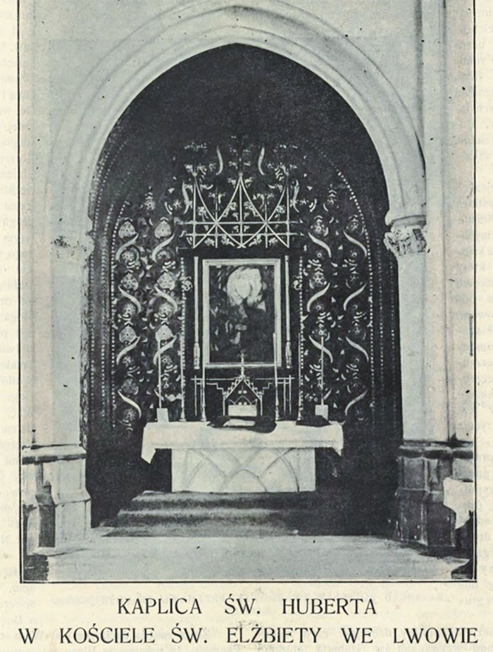 Вівтар Святого Губерта в костелі Святої Єлизавети у Львові. Poświencenie kaplicy św. Huberta w kościele św. Elżbiety // Łowiec. – 1926. – № 7-8. – S.99. 