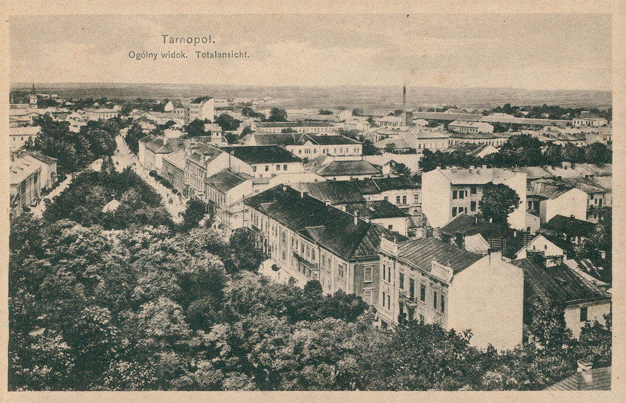 Тернопіль, панорама міста, поштівка 1920 року