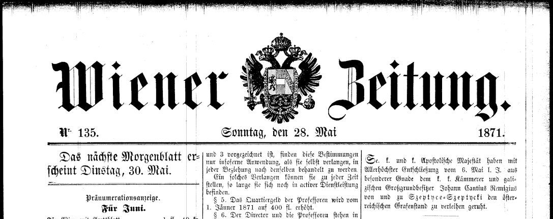 Згадка у газеті австрійській газеті «Wiener Zeitung» про надання графського титулу Яну Кантію Шептицькому