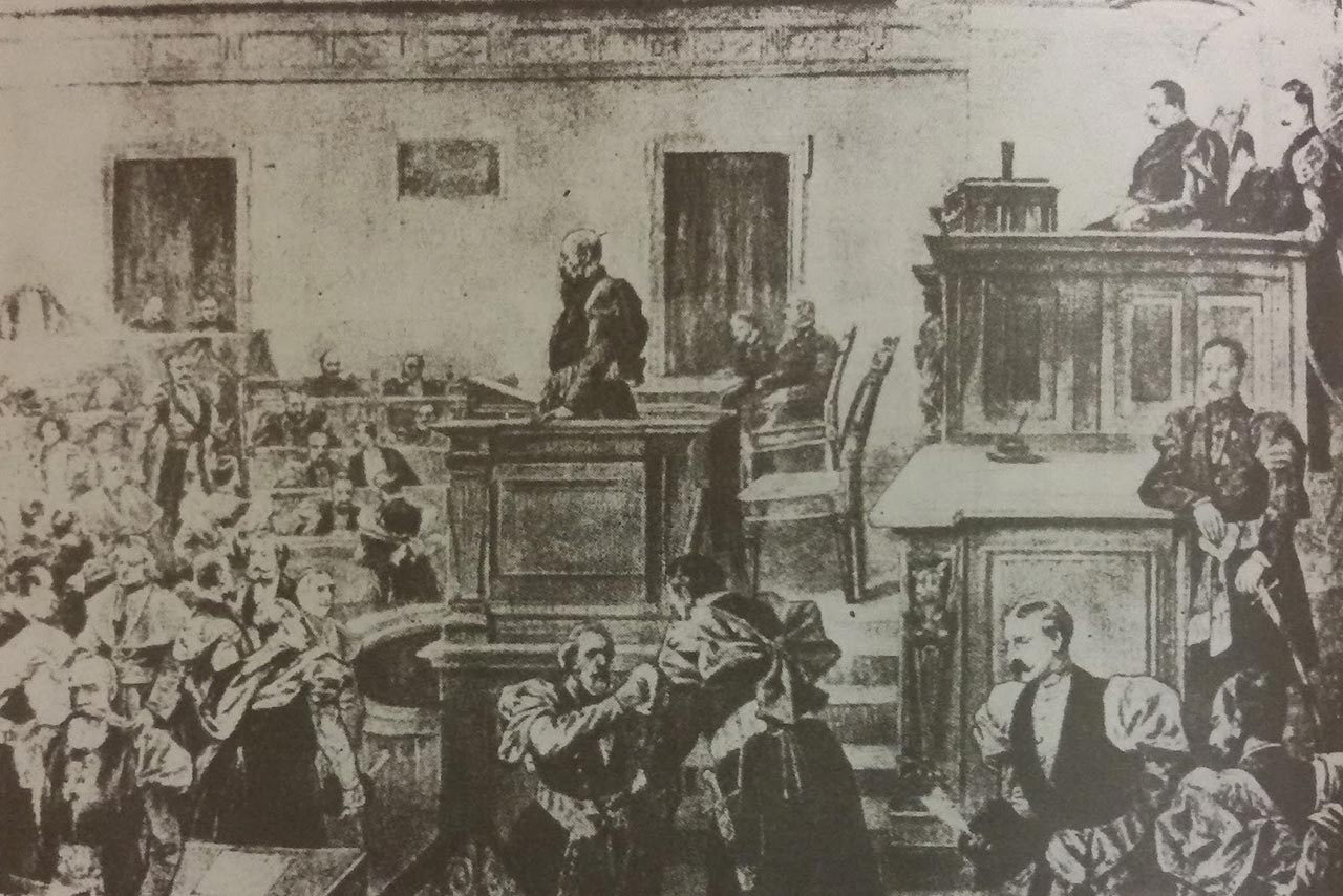 Засідання Галицького Крайового Сейму у Львові. Рисунок авторства Антонія Фідлера (Fiedler), опублікований у: A. Zakrzewski Od Stojałowskiego do Witosa. — Варшава, 1988.