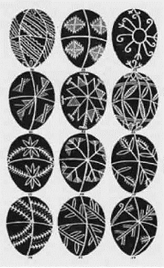 Сторінка ілюстрацій до статті М. Кордуби „Писанки на Галицькій Волині", надрукована в літографії А. Андрейчина. 1899 р.