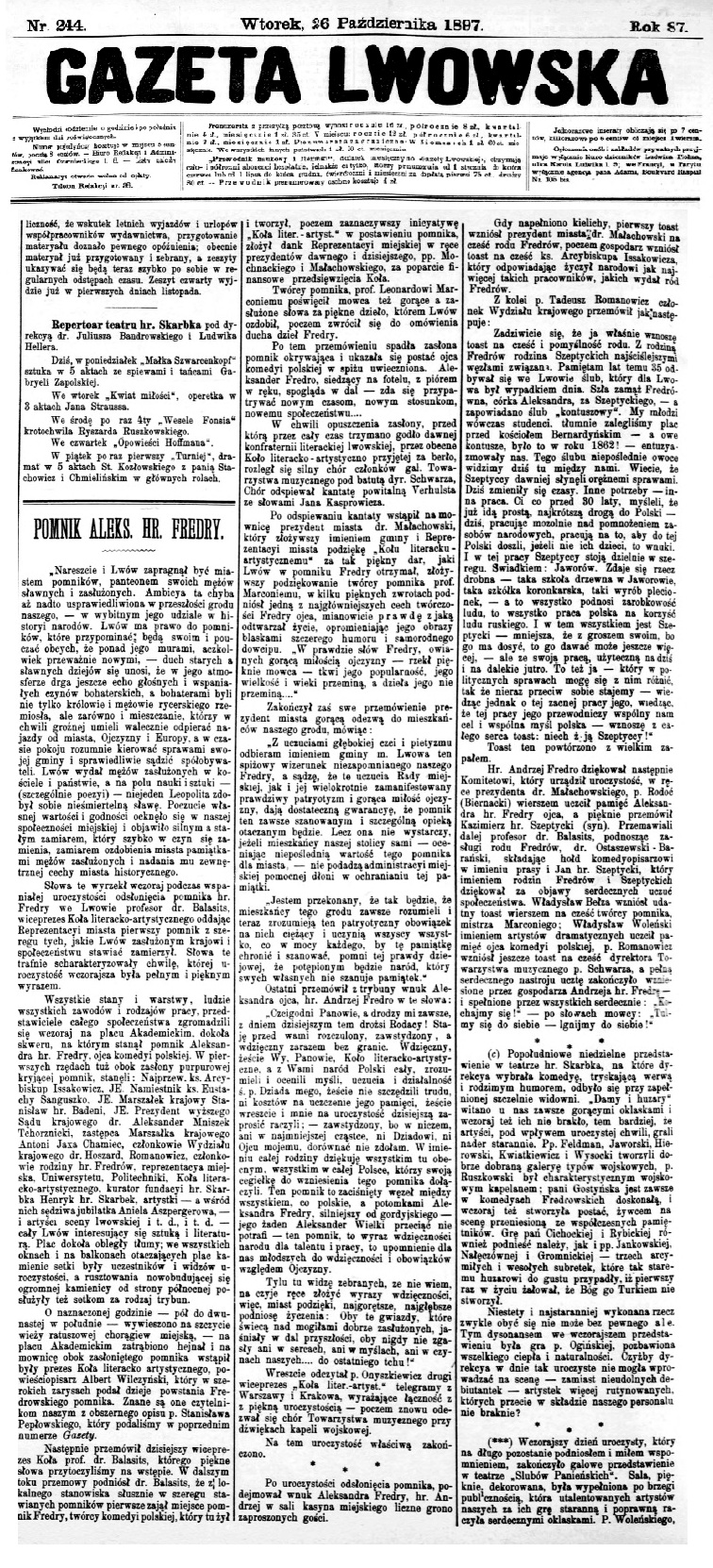 Репортаж з відкриття пам’ятка видатному представнику польської літератури Александрові графові Фредро, дідусю братів Шептицьких