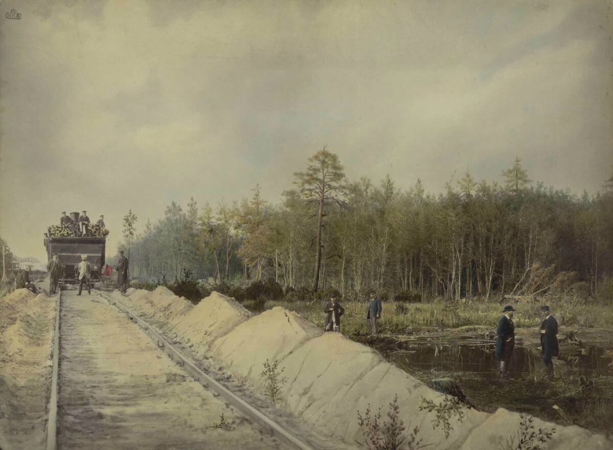 Залізниця йщла через поліські болота. Фотограф Конрад Бандель, 1880-і рр.
