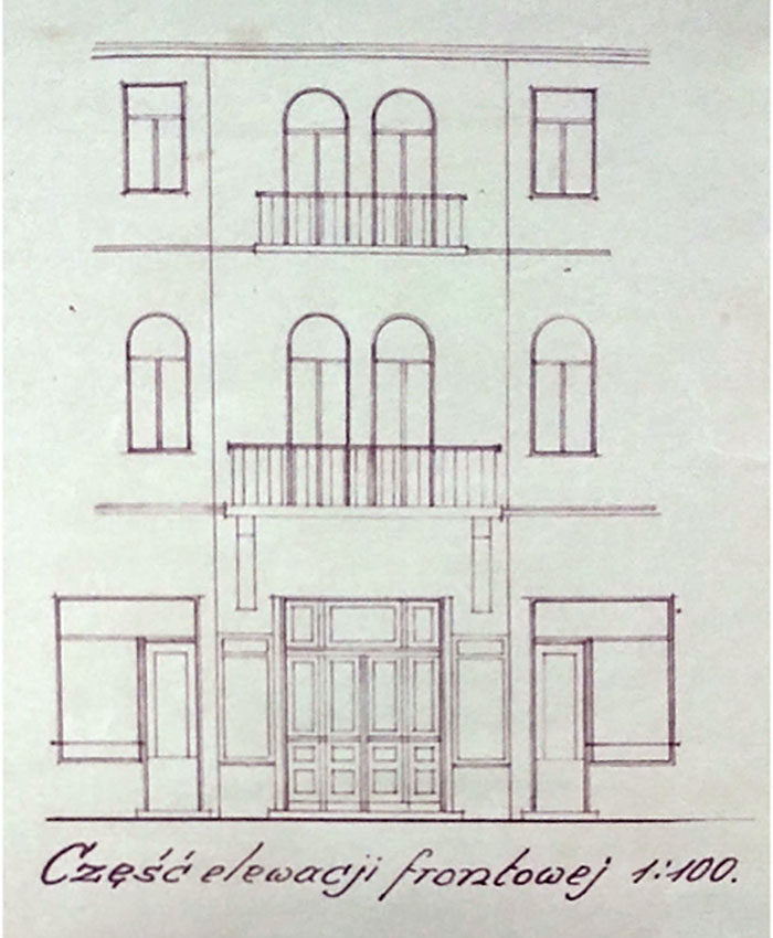 Фрагмент нового фасаду будинку Марка Кронштейна на Ягеллонській, 6 в Луцьку. Якби цей малюнок був датований, можна було б точніше сказати, в якому саме році (1934-1939) декор зі споруди збили. Копія документу з ДАВО