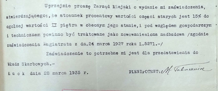 Прохання Мойсея Табачника, уповноваженого Марка Кронштейна від 28 березня 1935 р. визнати будинок новим