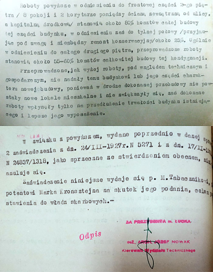 Прохання Мойсея Табачника, уповноваженого Марка Кронштейна від 28 березня 1935 р. визнати будинок новим. Копія документу з ДАВО