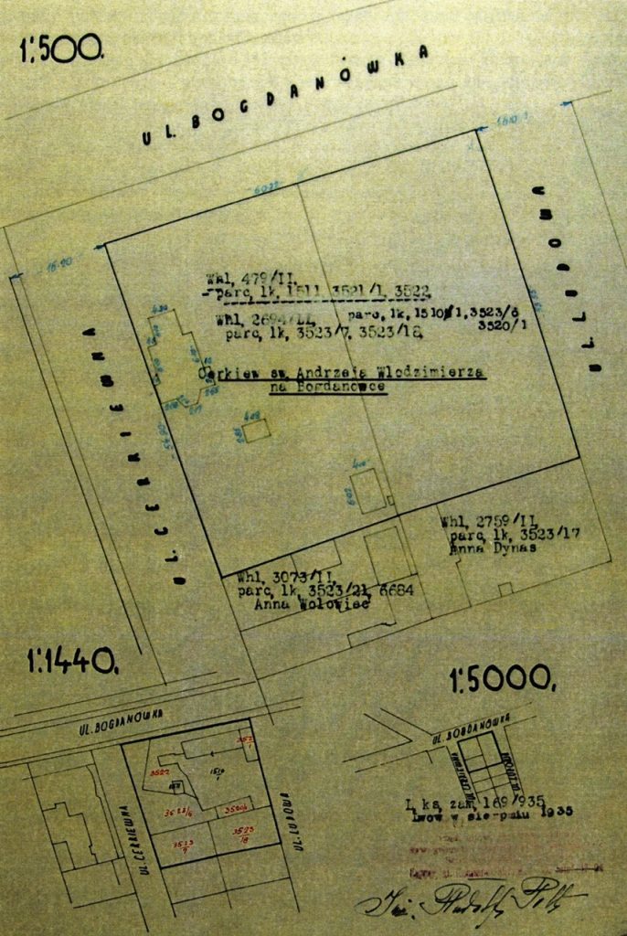 Ситуаційний план церковної ділянки, 1935 р. (джерело: Львівська національна галерея мистецтв ім. Б.Возницького. - Фонд Є.Нагірного)