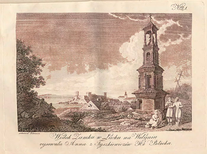 Фрагмент сторінки з видання "Щоденник подорожі до Туреччини" автора Едварда Рачинського, виданої у 1821 році. Ескіз у натурі робив Людвік Фурман, за ним малюнок виконала Ганна Потоцька, що і підписано тут